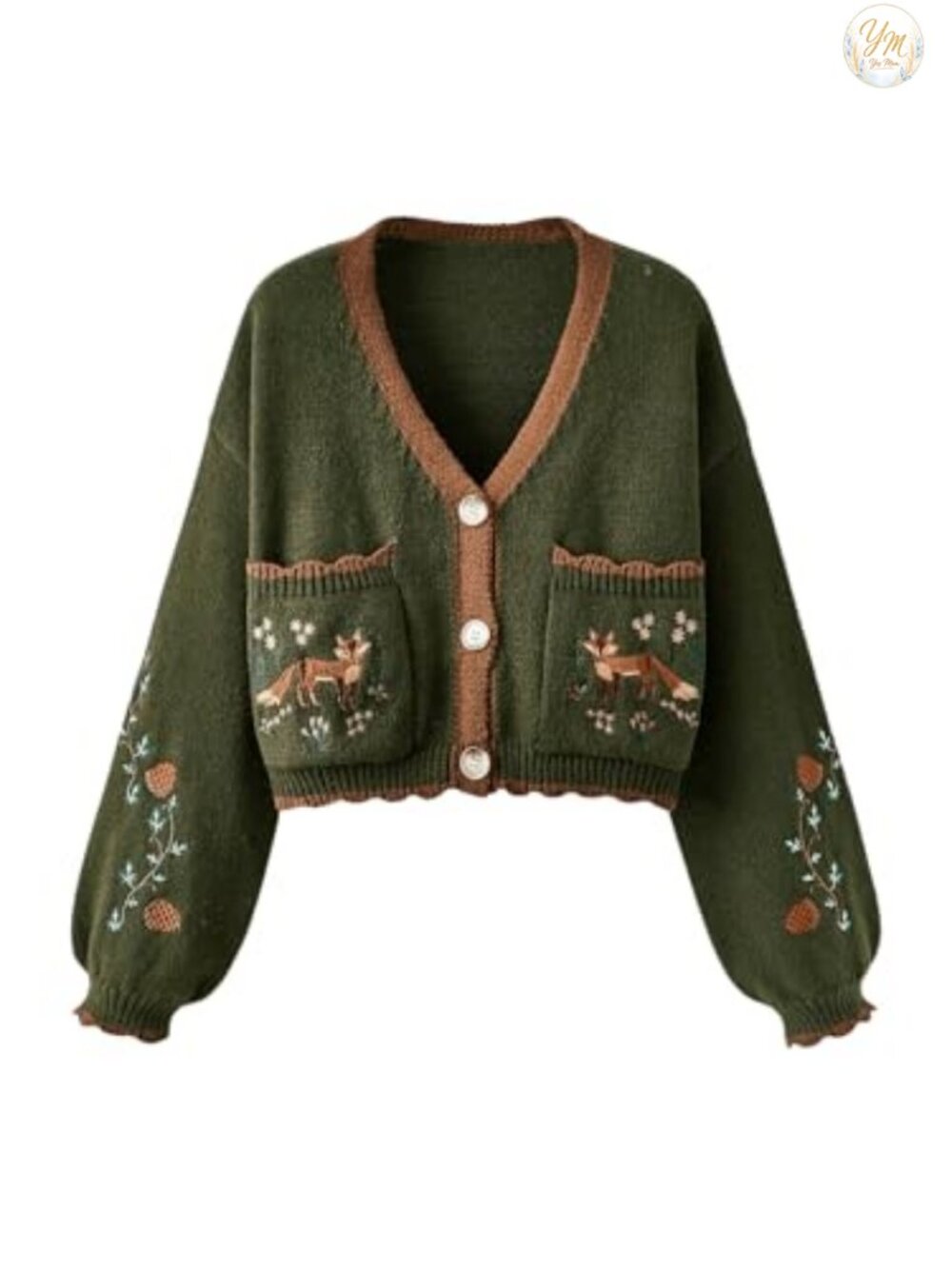 Women's Cropped Cardigan Boho V-Neck Button Up Floral Patchwork Knit Sweater
